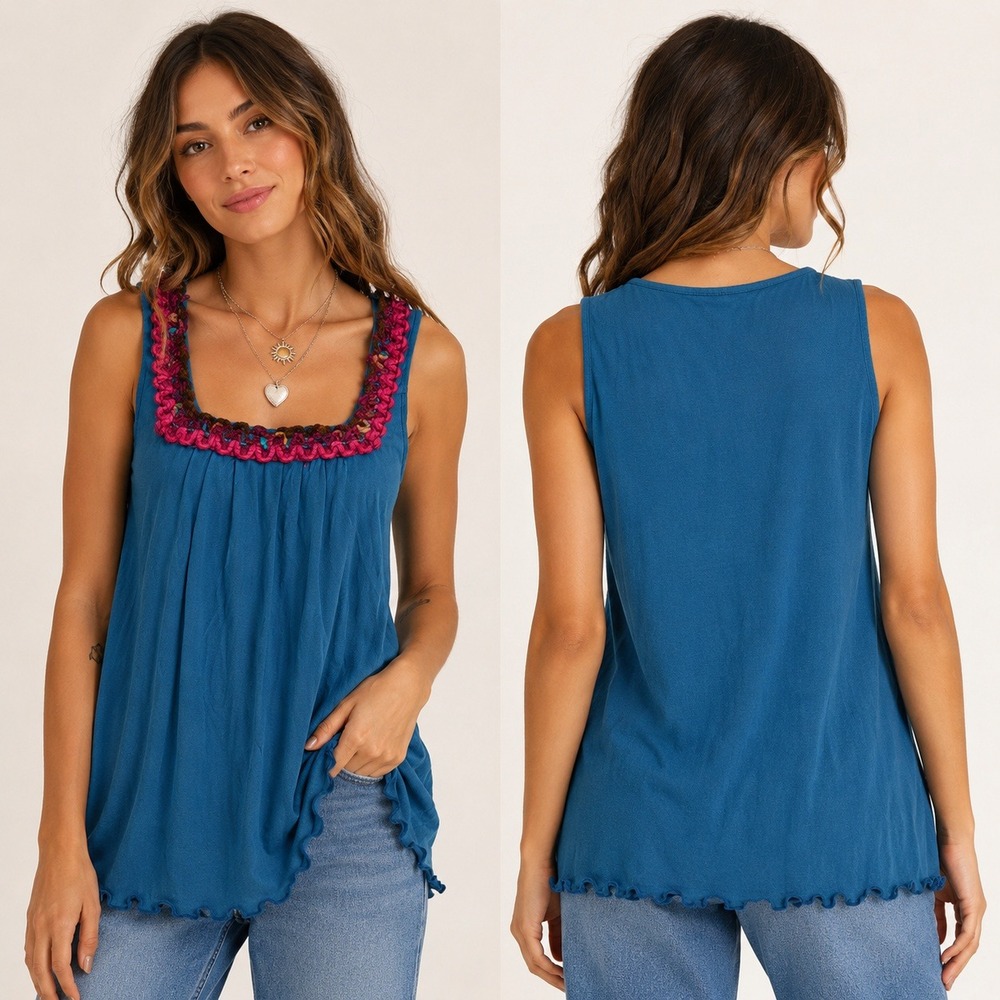 Sweet Pea by Stacy Frati Blue Sleeveless Tunic Top Crochet Trim Y2K Women's P